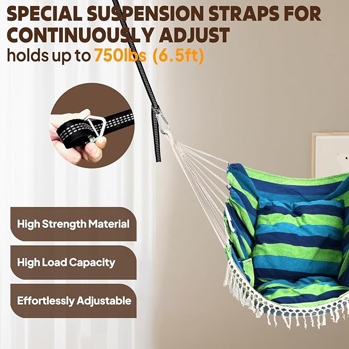 Chihee Hammock Chair Hanging Swing 2 Pillows Included,Strong Webbing Straps and Hooks for Easy Hanging Soft Cotton Hanging Chair Side Pocket Tassel Chair Comfort Indoor Outdoor Blue Green