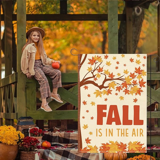 Fall Garden Flag Fall is in the Air Autumn Garden Flag 12x18 inch Double Sided Autumn Maple Leaves Flags Holiday Decorations for Yard Outdoor Home Porch (Flay 1808)