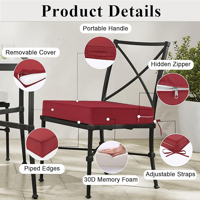 Outdoor Chair Cushions Set of 2 for Patio Furniture 24x24x4 Inch Waterproof Patio Chair Cushion 3 Year Color Fastness Square Elastic Foam Garden Couch Pads with Ties and Handle,Red