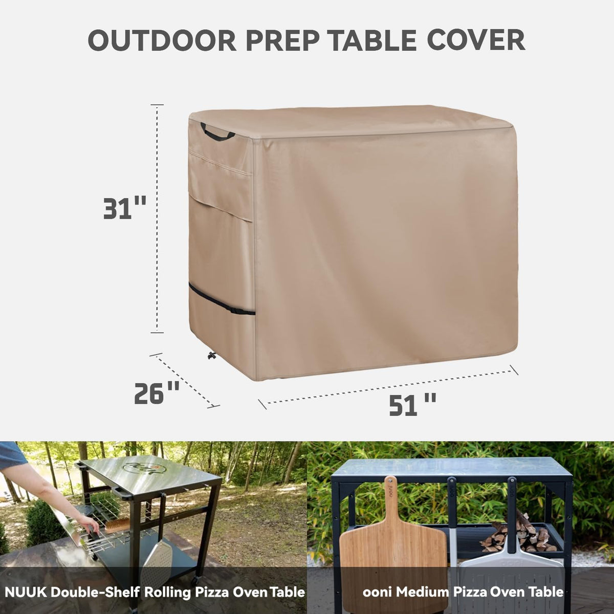 Pizza Oven Table Cover- Heavy Duty Waterproof Cover for Pizza Oven Cart Table,Compatible with 51 inch Outdoor Utility Cart and Storage Cabinet Khaki