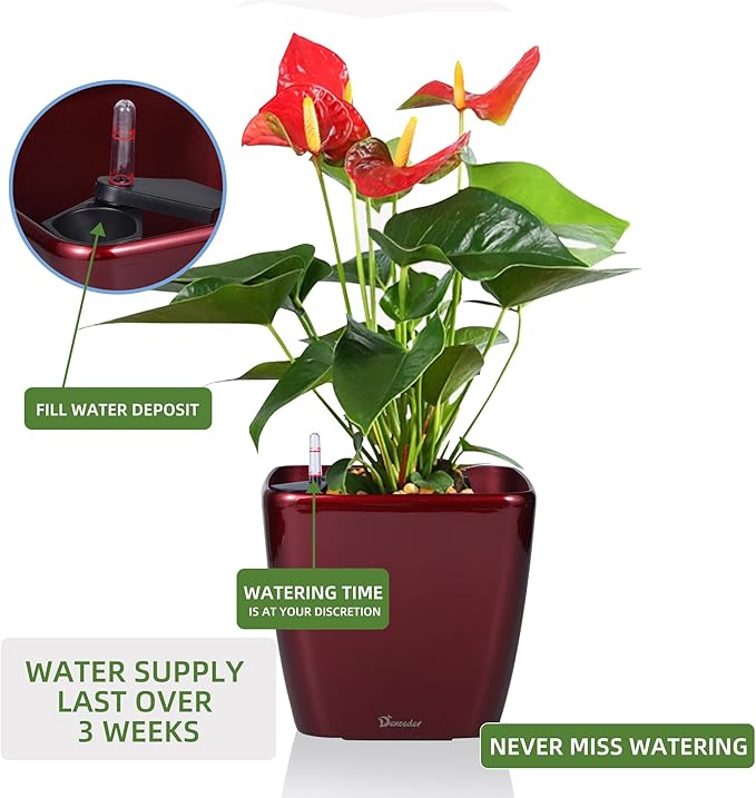 Dexceder 11x10 Self Watering Planter Indoor Outdoor, Inner Mat Design, Thickened Table Flower Plant Pot with Water Level Indicator (Red High Gloss)