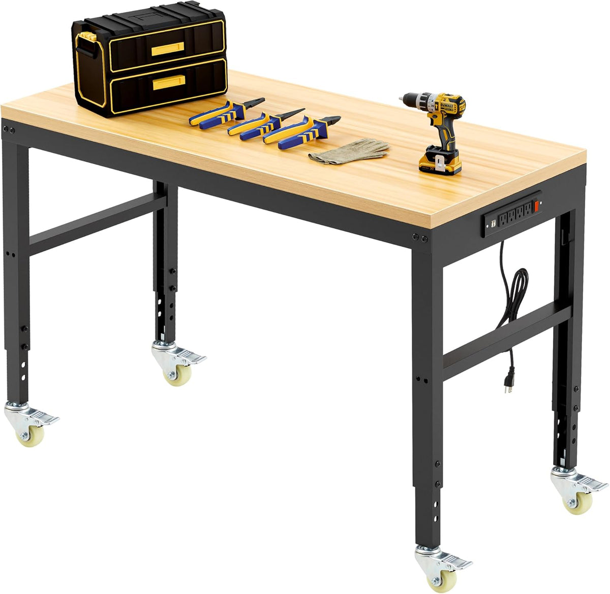 48” Adjustable Workbench，Heavy Duty Wood Work Bench 2000 Lbs Load Capacity,Work Table with Power Outlet and Wheels for Garage, Workshop, Office, Home