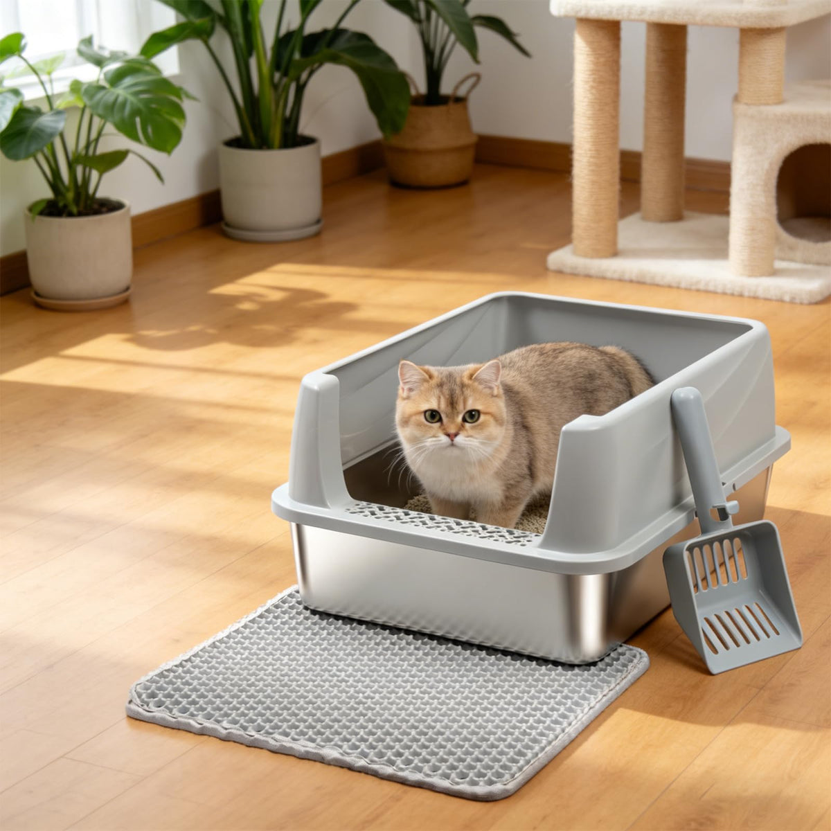 FUTAM Stainless Steel Litter Box with Lid, Metal Litter Box for Kitten, Small Litter Boxes with Scoop and Mat, Low Entry,Non-Stick,Easy to Clean Litterbox for Small to Medium Cats