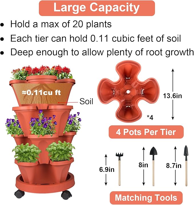 Vertical Planter 4 Tier Stackable Planters Garden Planters Strawberry Herb Flower and Vegetable Planter Indoor Outdoor Gardening Pots with Removable Wheels and Tools