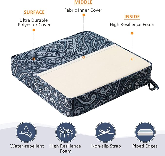 Square Corner Seat Cushions, 18.5" x 16" x 3", Set of 4, Indoor Outdoor Water Repellent Universal Chair Pads with Ties for Patio Furniture, Garden Deck Dining Chairs, Damask Blue Flower