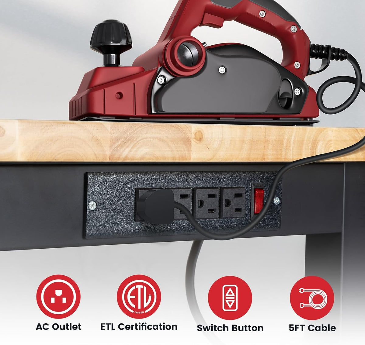 48 Inch Work Table for Garage Adjustable Height Rubber Wood Tabletop Workbench with Storage Work Bench Table with Power Outlets Pegboard Pad for Woodworking Shop Home Office