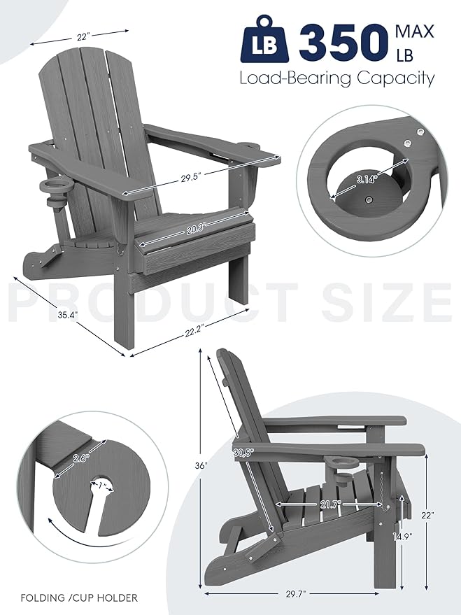 KINGYES Folding Adirondack Chair with Dual Cup Holders - HDPE All-Weather Outdoor Chairs, Grey
