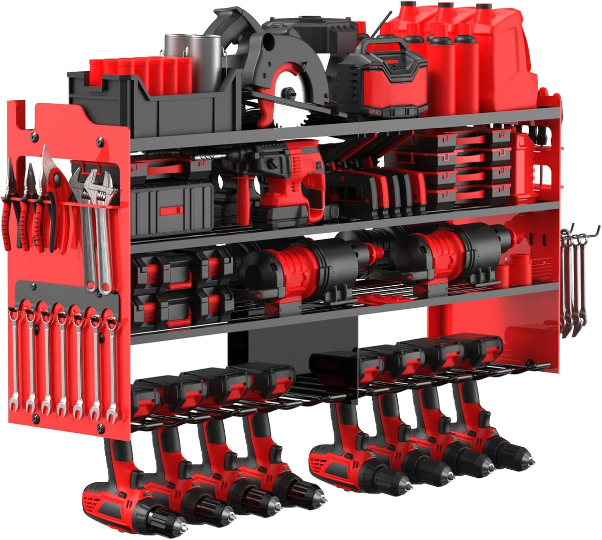Power Tool Organizer Wall Mount with 8-Drill Holders-400Lbs Load Heavy Duty Metal 4-Layers Garage Storage & Organization Battery Tools Rack with Side Panels Utility Racks Workshop Gifts for Men