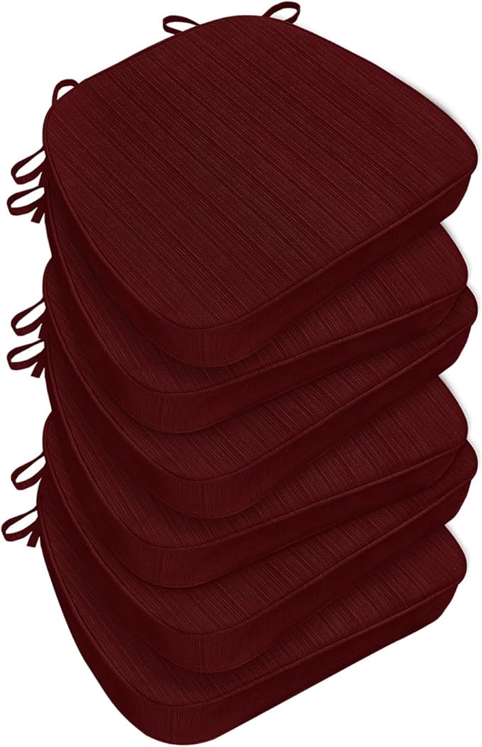 Chair Cushions for Dining Chairs, Indoor Chair Cushions with Ties，Waterproof Chair Pads Set of 6, Burgundy, 17x16x2.5 Inch