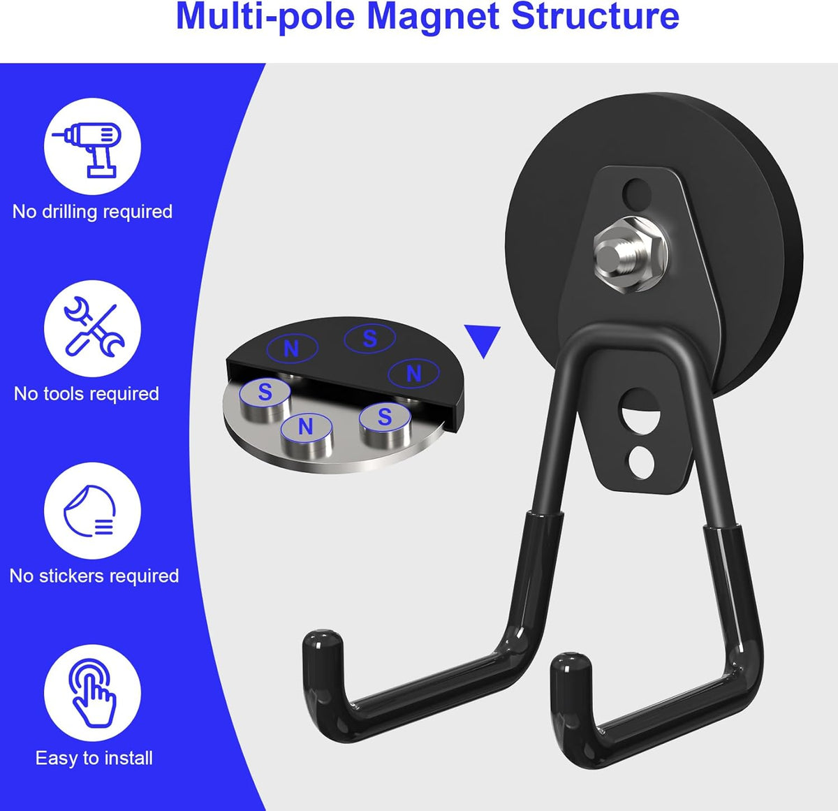 Heavy Duty Storage Magnetic Utility Hooks Large Garage Magnet Hooks with Anti-Slip Coating for Metal Cabinet,Pegboard,Garage Shelve,Garden Tools (3PCS 2.59'' Black)