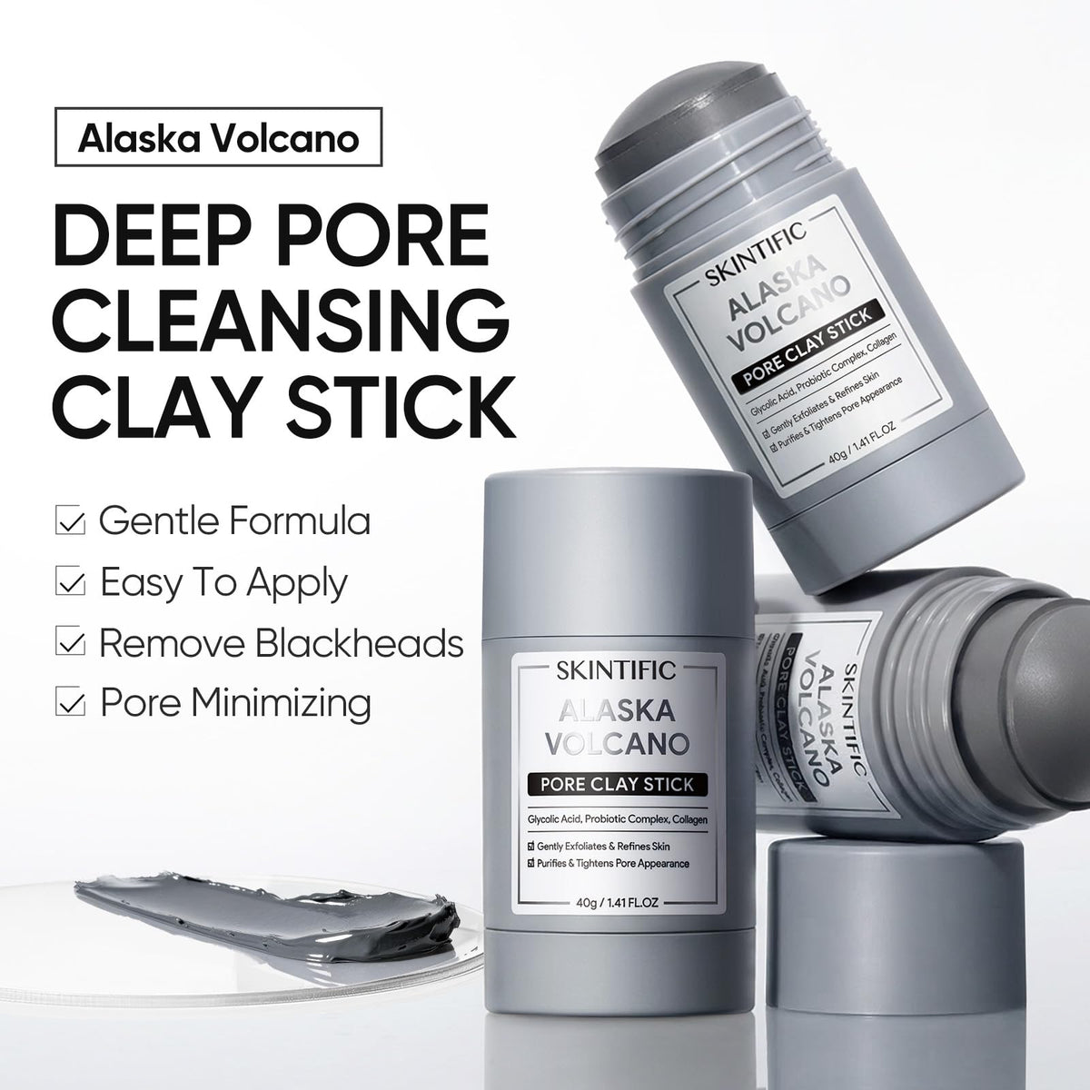 SKINTIFIC Deep Pore Cleansing Blackhead Remover Face Mask Stick, Mud Mask with Natural Alaska Volcano Clay, Gentle Exfoliating, Smoothing Skin, Non-Drying, Skincare Facial Mask