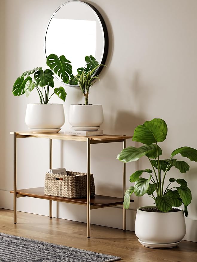 LE TAUCI Ceramic Plant Pots, Set of 2, 10 + 12 Inch Plant Pot, Elegant Planters for Indoor Plants, Sturdy Planter with Drainage Hole and Saucers, Perfect for Home Decor, White