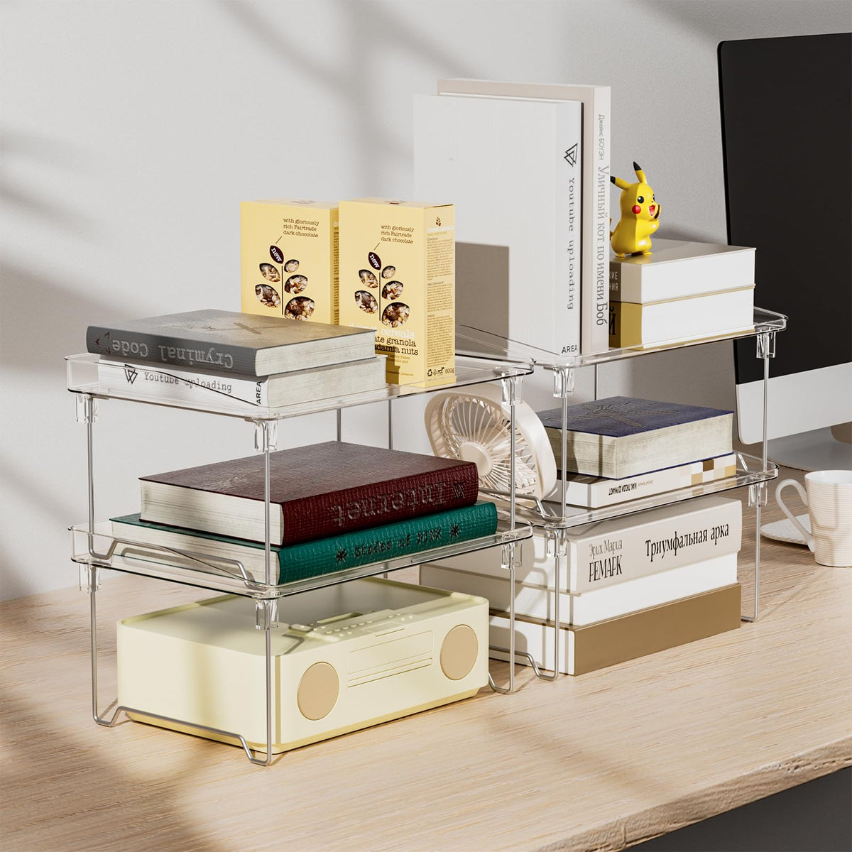 STARLATTA Acrylic Cabinet Organizer Shelf,4 Pcs Stackable Kitchen Counter Shelves,Spice Rack,Countertop Organizers,Clear Plastic Storage Organization for Makeup，Bathroom,Cupboard,Desk,Pantry