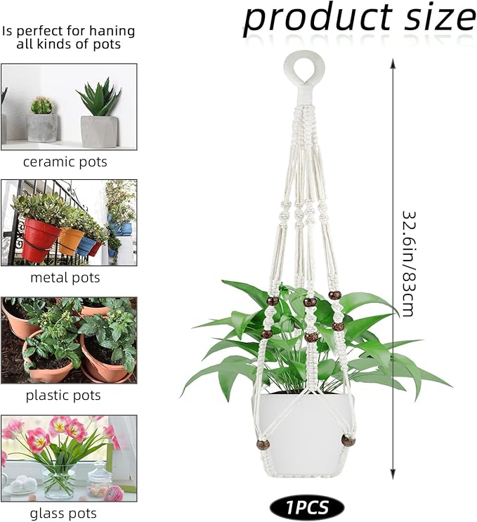 Macrame Plant Hanger for Outdoor and Indoor Hanging Plants - Plant Holders for Multi-Sized Pots, 35" Tangle-Free Cotton with Wood Beads, Window or Patio Decor (Pot Not Included)