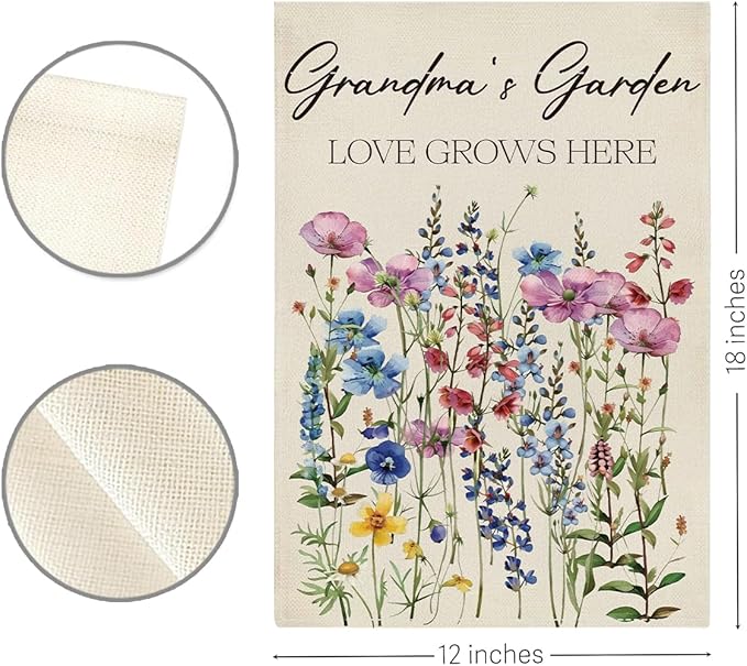 Grandma's Garden Flag Welcome Sign Love Grows Here Flag Gift Flower Decoration Small Double Sided Burlap art Stained Glass Style Garden Flags 12 x 18 Inch for Outside