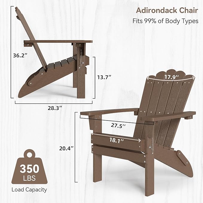 Folding HDPE Adirondack Chair, Weather-Resistant Patio Chair with Wide Armrests & High Backrest, Fire Pit Chair for Garden, Backyard, Porch,Coffee