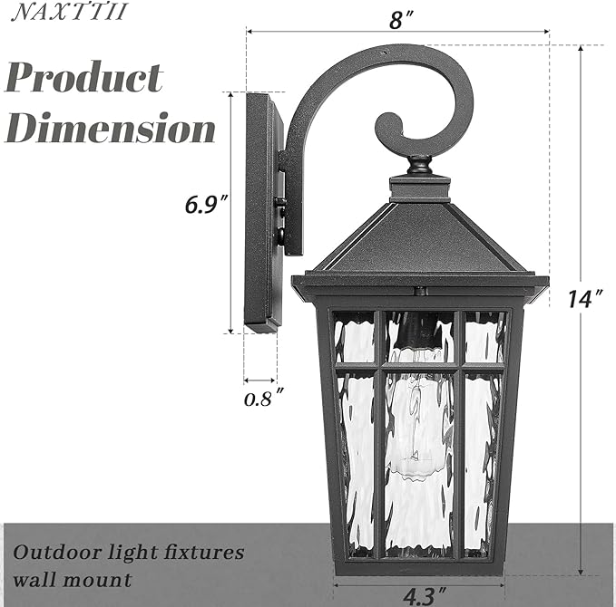 Outdoor Wall Lights 14 Inch Exterior Waterproof Lighting Fixtures Aluminum Material and Water Ripple Glass E26 Socket Black Outdoor Lights for House Garages