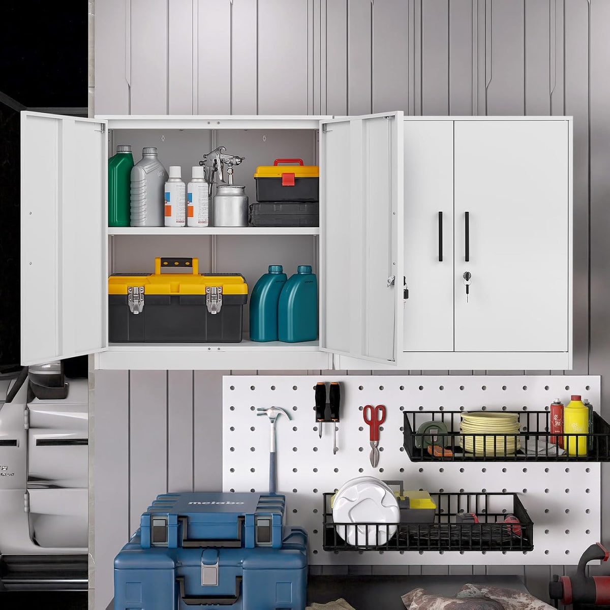 LUCYPAL Locking Storage Cabinets,Metal Cabinet with Adjustable Shelves and 2 Doors,Steel Counter Cabinet with Lockable Doors for Home Office (White)