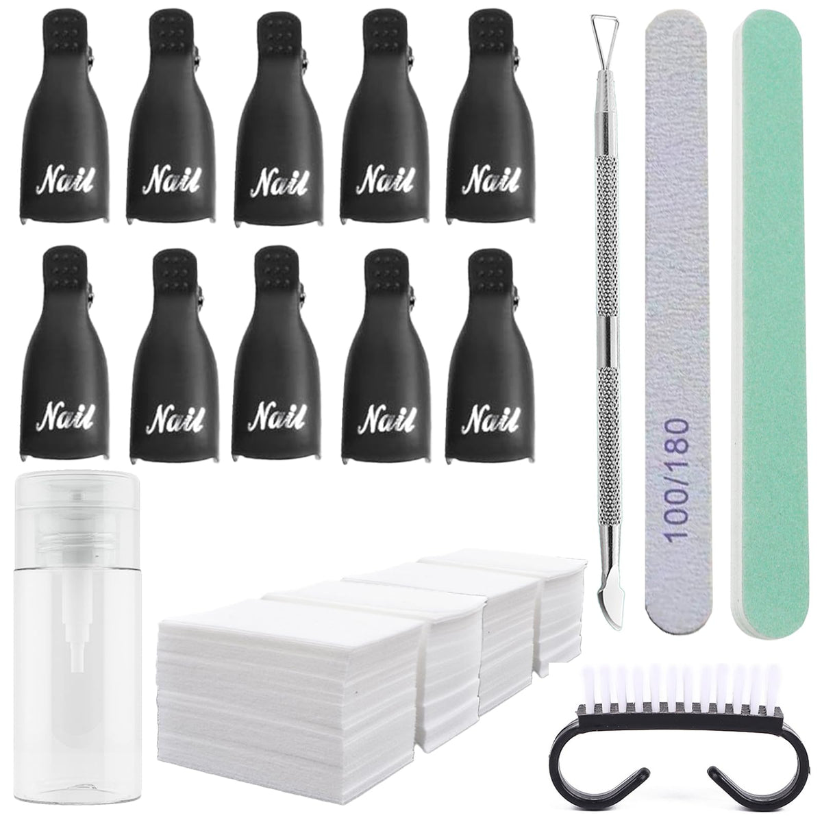 Ponjowl Gel Nail Polish Remover Kit With 10Pcs Black Nail Polish Remover Clips Cap, Acetone Nail Dispenser Bottle, Polish Cuticl