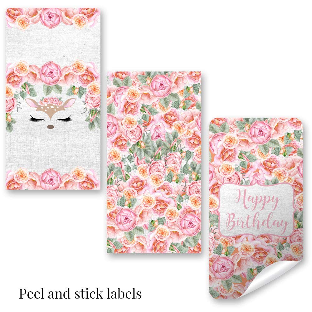 Oh Deer Woodland & Watercolor Floral Themed Birthday Party Mini Chocolate Candy Bar Sticker Wrappers for Kids, 45 1.4" x 2.6" Wrap Around Labels by