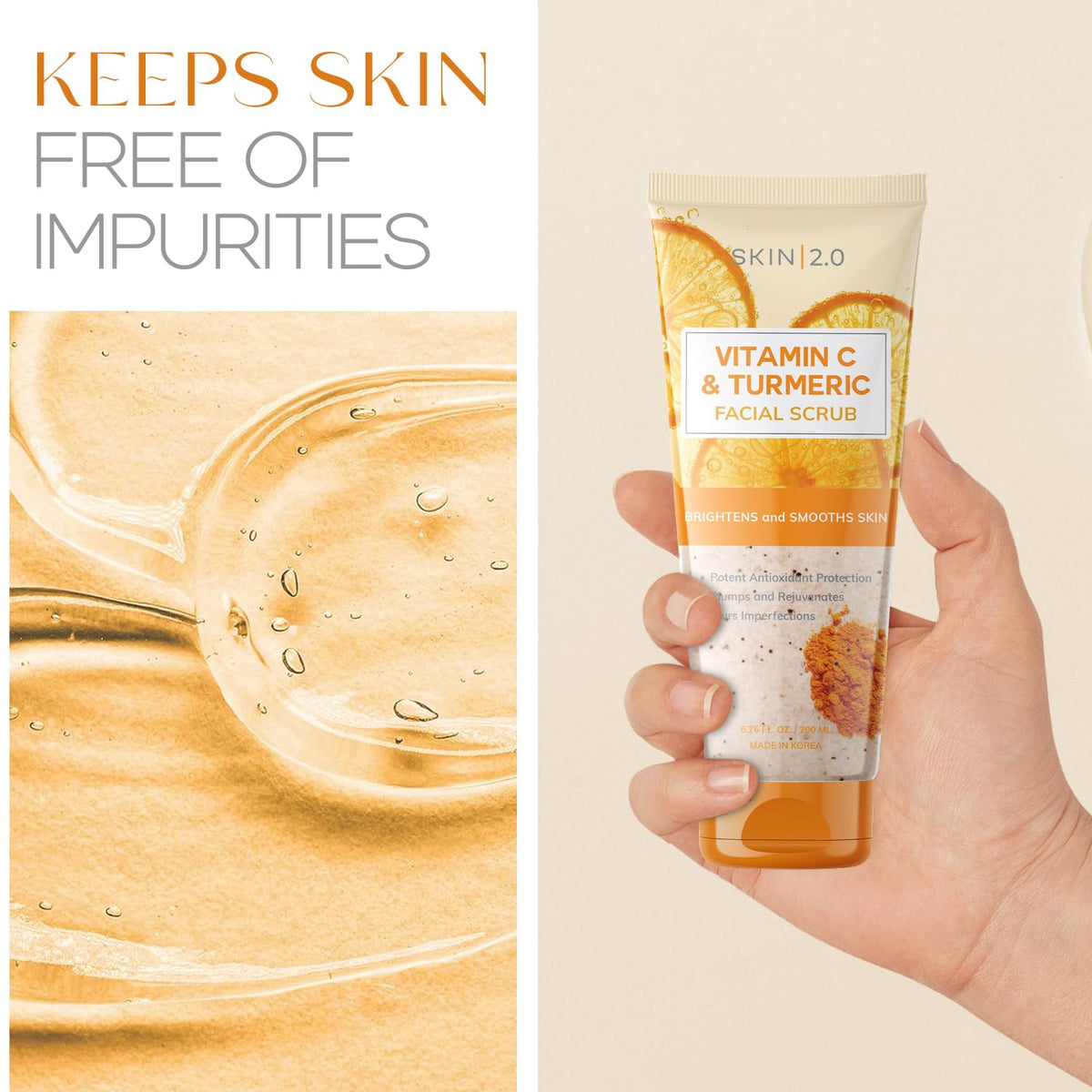 Skin 2.0 Vitamin C & Turmeric Face Scrub - Dermatologist Tested, Gentle Exfoliating, Brightening, Hydrating, Anti-Aging, Clean Beauty, Cruelty-Free Korean Skincare, All Skin Types - 6.76 Fl Oz / 200ML