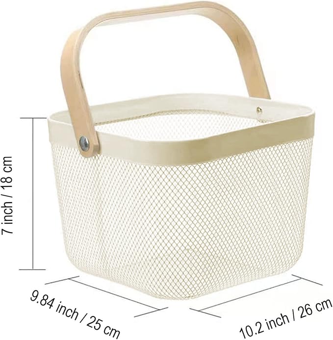 Metal Mesh Steel Basket, Storage Organizer Basket Multi-functional Hanging Kitchen Baskets Fruit Basket Bin with Bamboo Handle for Kitchen Bathroom Picnic Shopping Decor Cabinet Home, Beige