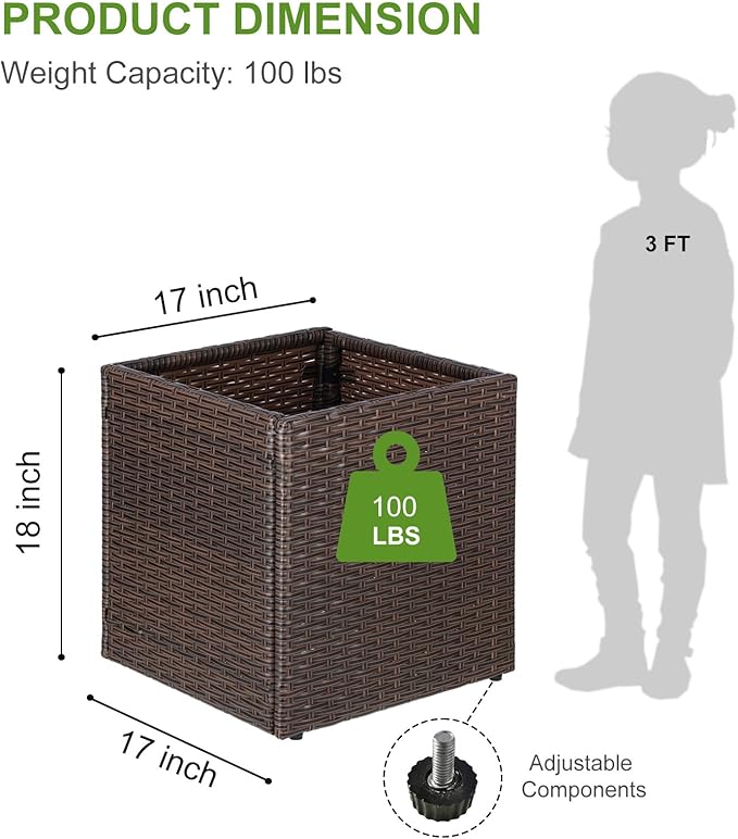 LEWIS&WAYNE Large Square Planter Box Handmade Wicker Tall Planters for Outdoor Plants with Removable Liners Modern Planter for Indoor Outdoor Garden Patio Front Porch - Brown, 17''x17''x18''