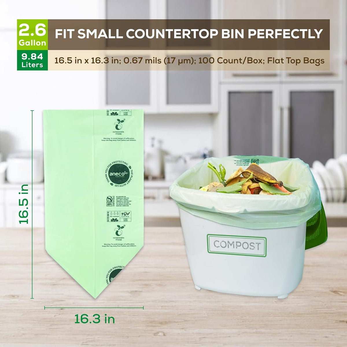 ANECO 100% Compostable Waste Bags 2.6 Gallon (Flat Top Bags, 50 Count) Extra Strong Kitchen Small Compost Bags for Countertop Bin (BPI & OK Compost HOME Certified)