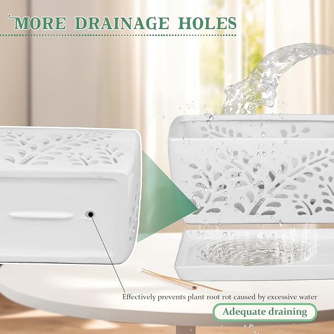 Ceramic Orchid Pot, 10 Inch Rectangular Orchid Pots with Holes, Premium Thickened Handmade Glazed Pot for Orchidaceae Plants, Indoor Outdoor Decorative Flower Pot for Easy Repotting