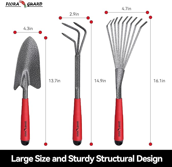 FLORA GUARD Garden Tool Set， 6 Piece Heavy Duty, Large Size Gardening Hand Tools, Sturdy & Durable, Classic Utility Gardening Gift for Men and Women