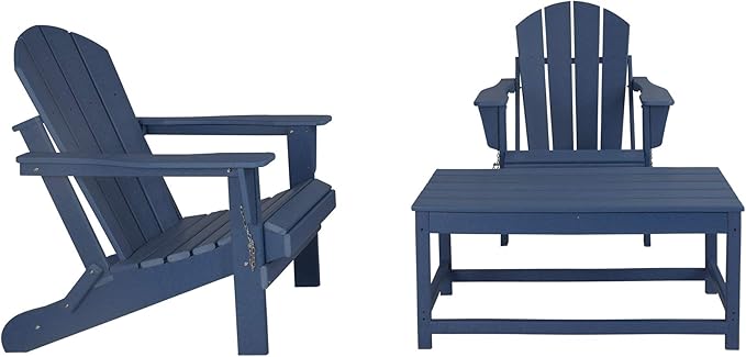 WO Home Furniture Adirondack Chairs Table Set of 3 PCS Outdoor Folding Chairs Coffee Table Weather/UV Resistant for Lawn, Garden, Bon Fire, Balcony (Navy Blue)