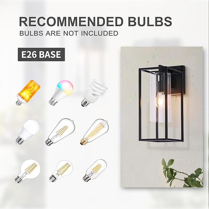 15.7 Inch Outdoor Wall Lights, Black Outdoor Wall Lantern with Square Clear Glass Shade, Waterproof Exterior Lighting Fixtures, Modern Front Porch Lighting for House, Garage, E26 Base, ETL Listed