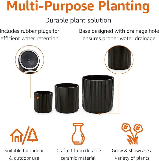 Amazon Basics Assorted Sizes Fluted Ceramic Round Planters, Set of 3, 6 inch, 8 inch, 10 inch, Black