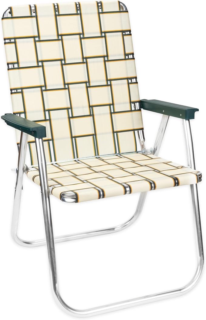 Lawn Chair USA Folding Aluminum Outdoor Patio Lawn Chair | Heavy-Duty Webbed Chairs for Camping, Sports, Beach, Yard & Tailgating | Lightweight Portable | Classic - Charleston Tan with Green Arms