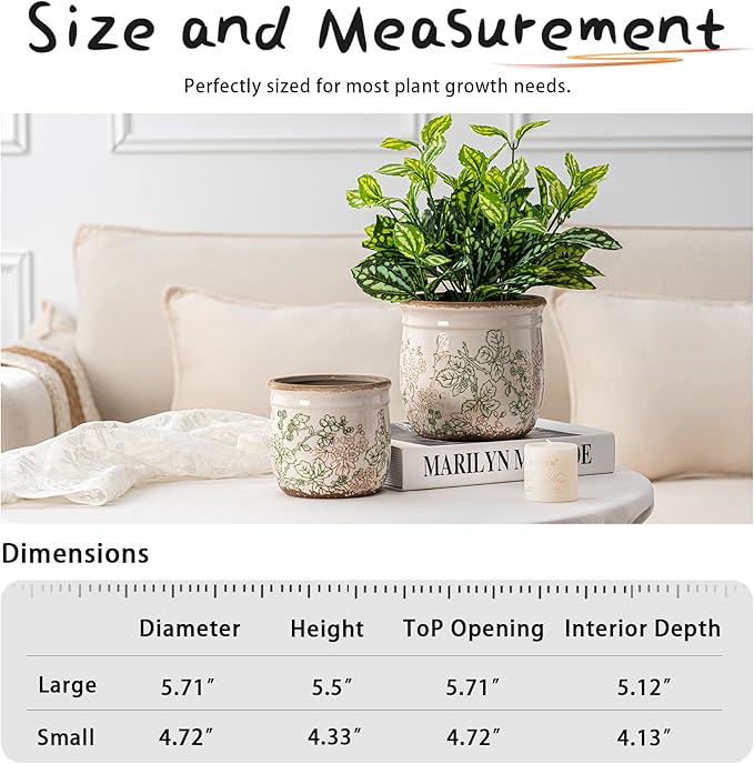 Set of 2 Ceramic Planters for Indoor Plants, 4.7+5.7 Inch Vintage Pots without Drainage Hole , Pastoral Rustic Planter Set, Decorative Ceramic Plant Pots for Flower, Indoor Planter Pots for Home Decor