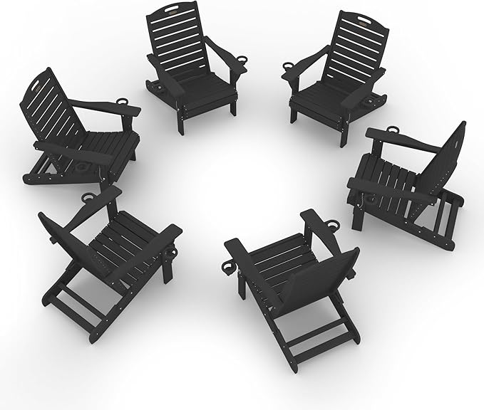 Adirondack Chairs Set of 6, Outdoor Fire Pit Chairs, HDPE All-Weather Adirondack Chairs with Cup Holder, Lawn Chair for Deck, Patio, Garden (Black)