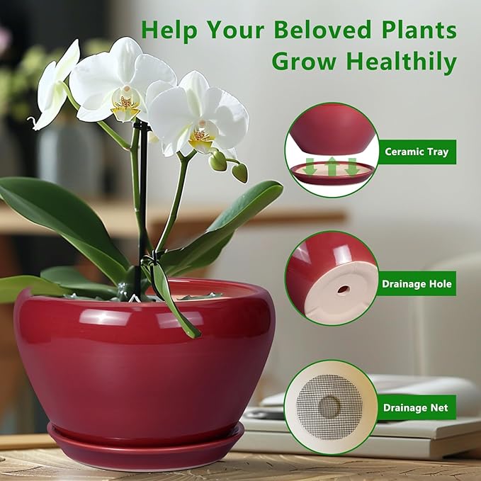 Ceramic Planter - 11 Inch Planter for Outdoor Plants Large Plant Pot Indoor with Drainage Hole and Saucer Round Modern Flower Pot Mid-Century Room Decor Red