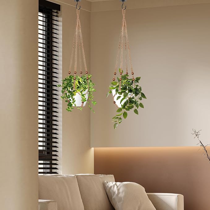Jute Macrame Plant Hanger Indoor Set of 2 Hanging Planter Basket Flower Pot Holder with Decorative Wood Beads & No Tassels for Indoor Outdoor Boho Home Decor, 35 Inch Brown (Pots Not Included)