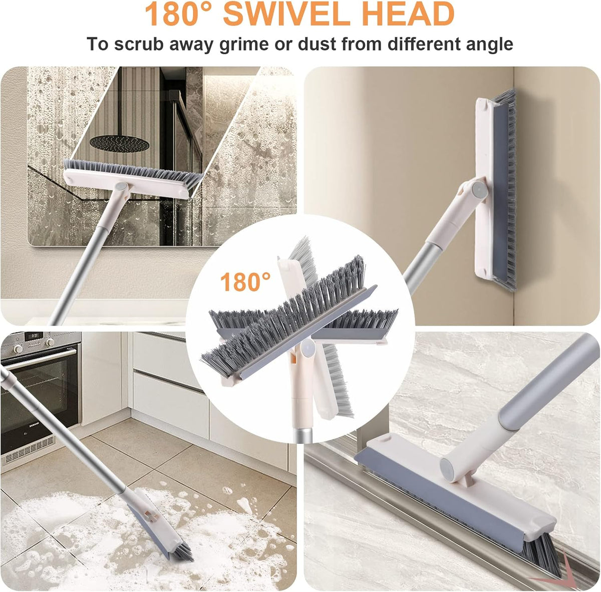 Grout Brush with Long Handle, 2 in 1 V-Shaped Floor Scrub Brush for Cleaning, Bathroom, Garage, Wall, Patio, and Tile, Stiff Bristle Brush with 54'' Telescopic Handle