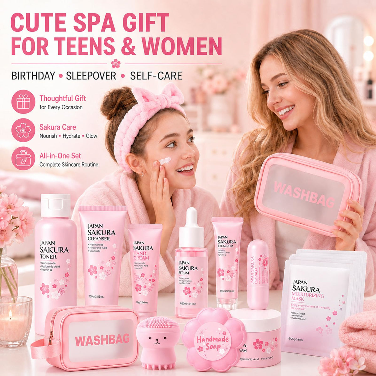 Sakura Skin Care Set for Kids Teen Girls, Birthday Christmas Gifts, 15 PCS
