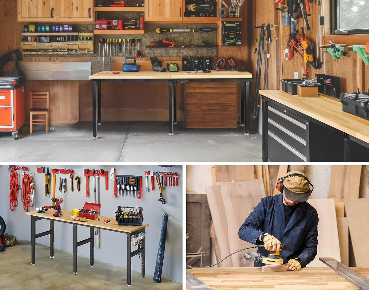84” Adjustable Height Workbench, 5000 LBS Heavy Duty Table Rubber Wood Workstation with Power Outlet & Pegboard for Office, Garage,Workshop,Commercial,Home