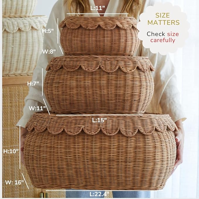 BEBE BASK Large Scalloped Basket Set Of 3 - Hand-Woven & Award-Winning Scallop Basket - XL - Extra Large for Blankets 22 x 16 x 10 In - Elegant Wicker With Scalloped Edge Lid (Mocca)