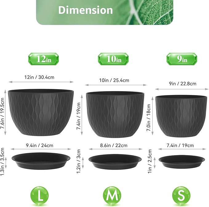 Plant Pots 12/10/9 Inch Pots, Set of 3 Plastic Planters with Drainage Holes and Saucers,Plastic Flower Pots,Nursery Planting Pot for Indoor Out Door Plants（Black）
