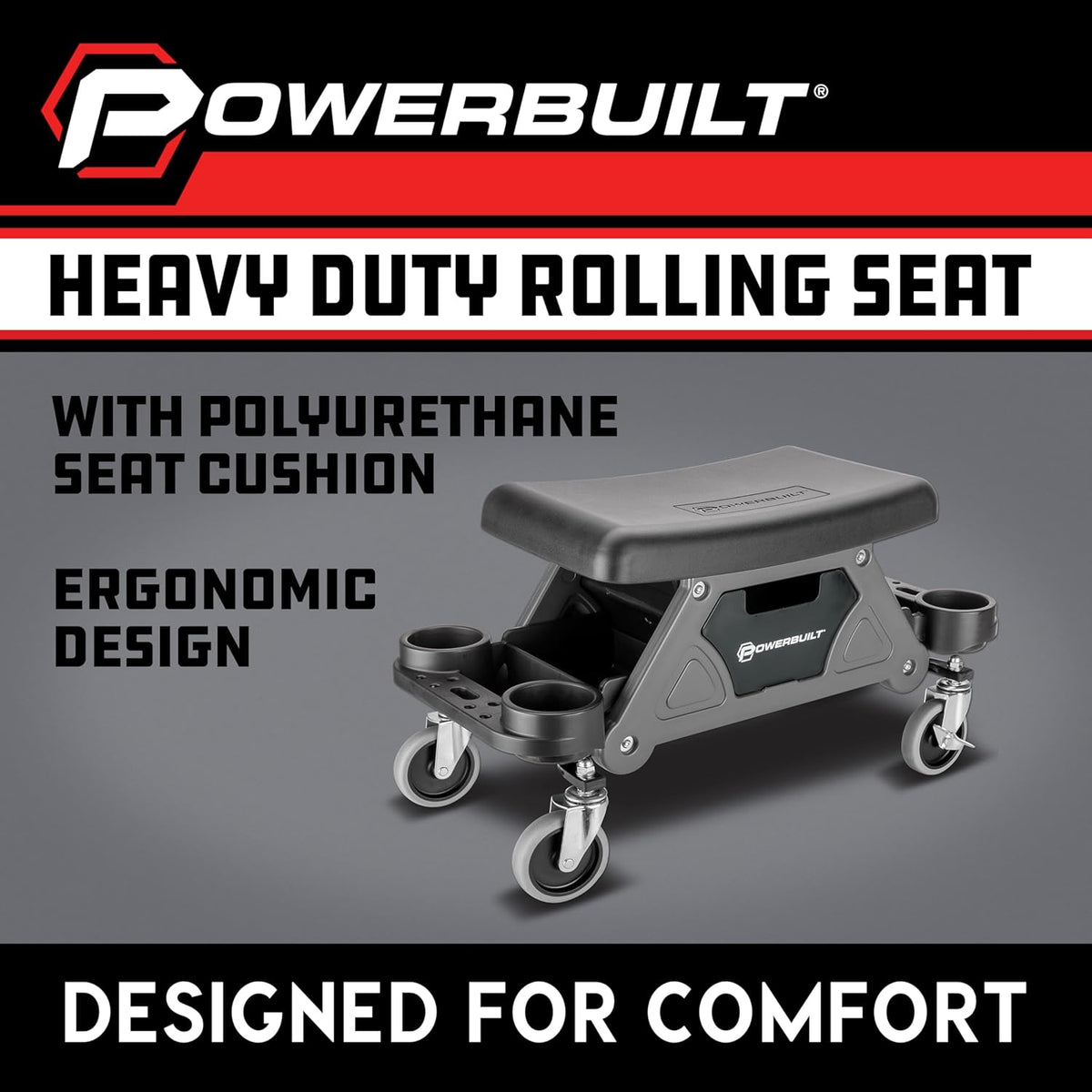 Powerbuilt Heavy-Duty Utility Rolling Seat Upgraded with Padding, Sturdy Locked in Trays, Premium Wheels for Garage Work - Grey 642924ECE