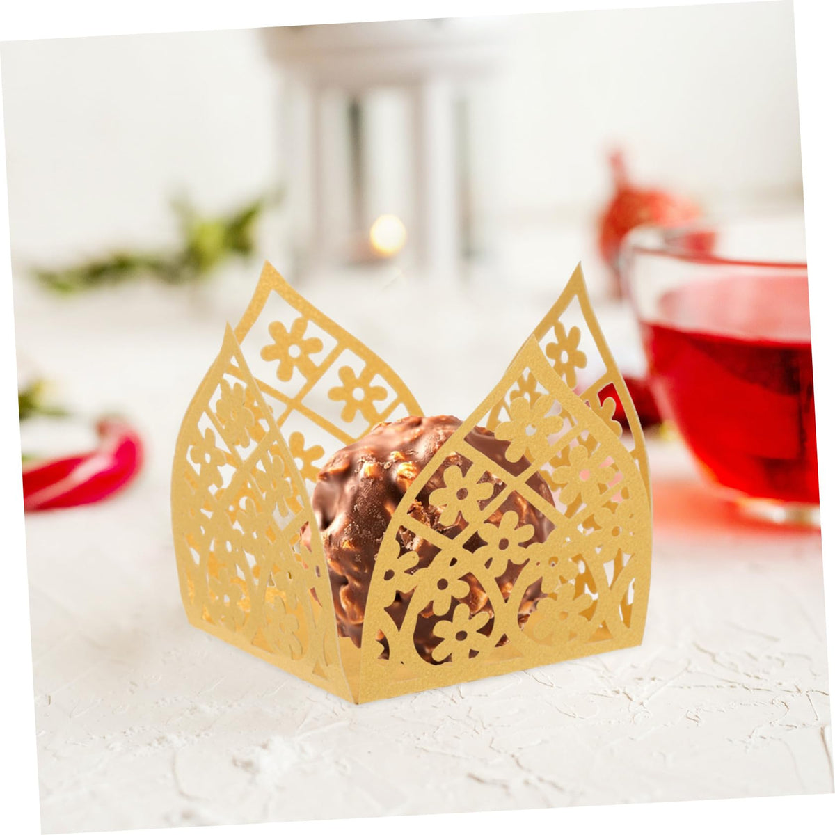 OFFSCH 50Pcs Hollow-out Flower Truffle Cups Chocolate Wrappers Decorative Candy Packaging Paper Cups for Wedding Party Dessert Table Centerpieces