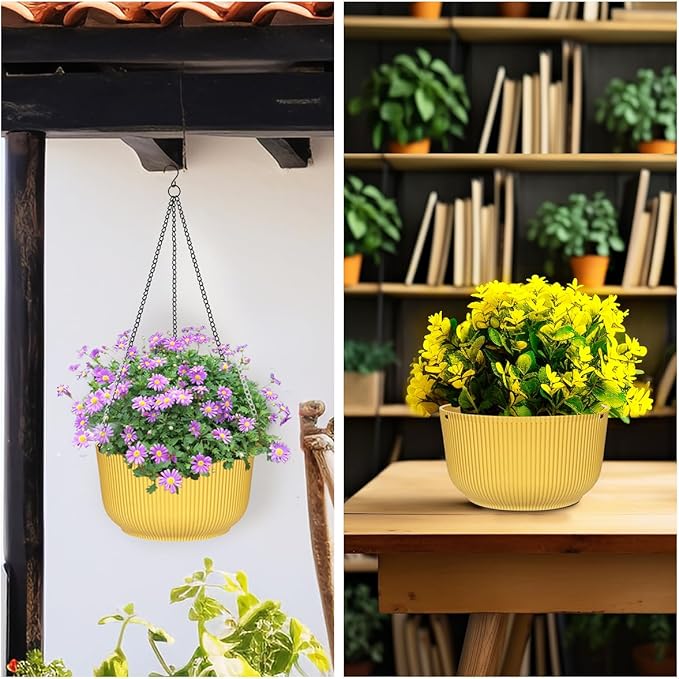 Hanging Planters for Indoor Plants, 3 Pack Hanging Baskets for Plants, Self Watering Plant Hanger for Indoor Plants, Round Hanging Plant Pot with Drainage Holes and Chains, Yellow