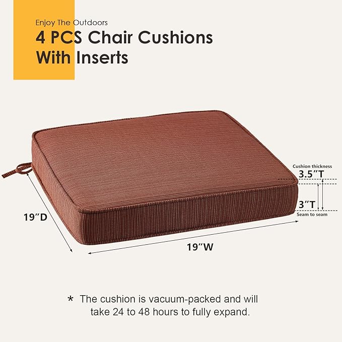 Outdoor Square Corner Seat Cushion, 19"x19"x3", Set of 4, Non Slip Seat Cushion Pads with Removable Cover for Patio Furniture, Garden Yard Lawn, Dark Yellow Tan Stripe
