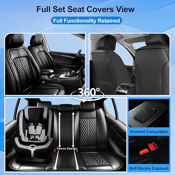 Fit Prologue Car Seat Covers (Front Pair) for Select Honda Prologue 2024-2026 - Premium Full Coverage Leather, Airbag Compatible, Waterproof & All Weather Seat Cushion Protector, Black