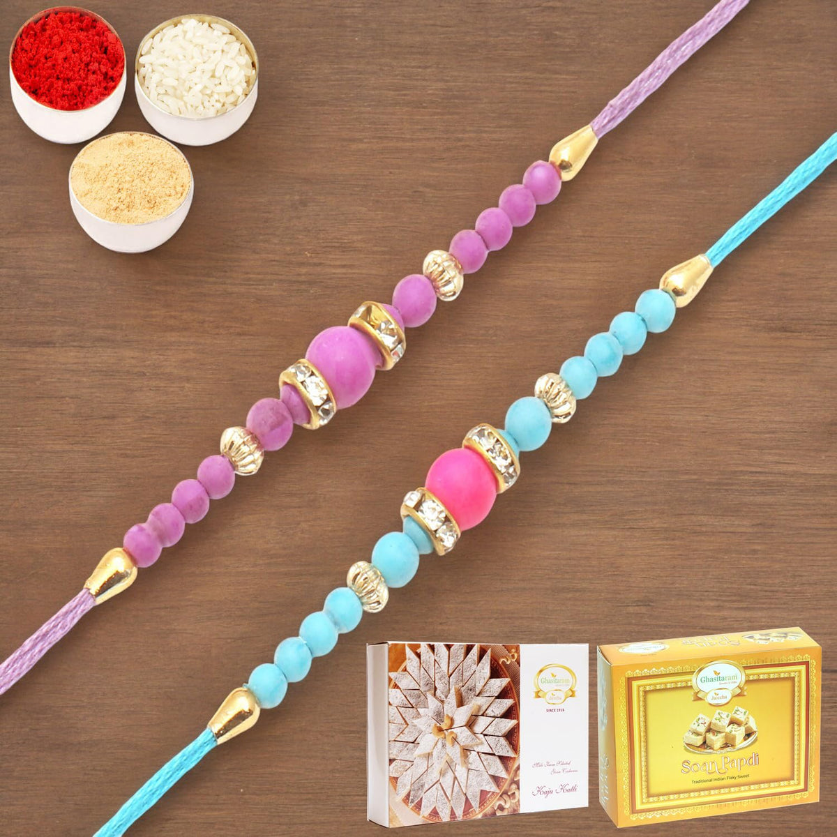 Ghasitaram Gifts Rakhi for Brother Rakhis Online - Set of 2- R022 Rakhis with 200 GMS of Kaju katli and 200 GMS of Soan Papdi