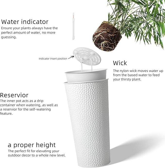 KOL 25" H. Metal Hand-Hammered Planters with Inner Pots 2-Pack, White Decor Planter for Deck, Patio, Porch - Galvanized Steel Handcrafted Flower Pot - w/Water Level Indicator - Indoor Outdoor Use